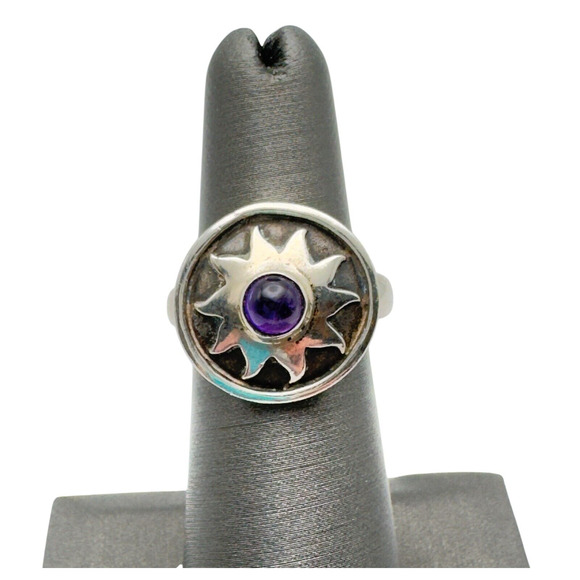 Vintage Jewelry - Vintage Sterling Silver 925 Amethyst Ring Sun Celestial Signed LM Boho Size 6.75